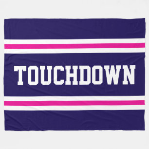 TOUCHDOWN Navy Blue Pink White Text Racing Stripes Fleece Blanket