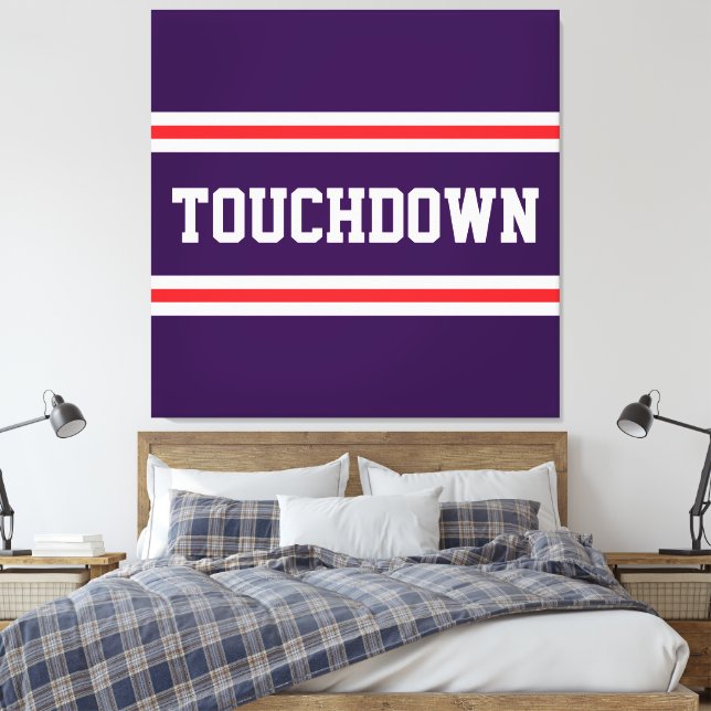 TOUCHDOWN Purple Red White Text Racing Stripes Canvas Print (Insitu(Bedroom))
