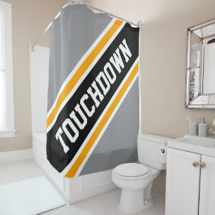 TOUCHDOWN Sporty Grey Yellow Black Racing Stripes Shower Curtain