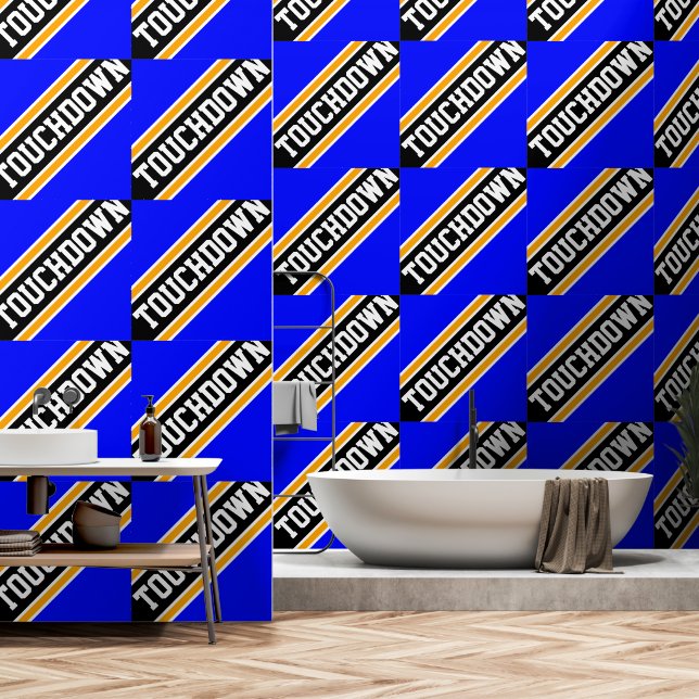 TOUCHDOWN Tiled Bright Blue Orange Black Stripes Wallpaper (Bathroom)