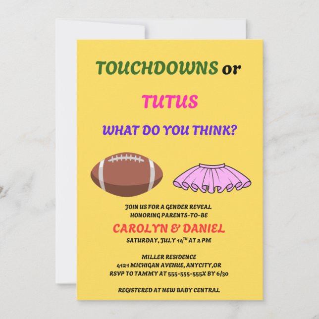Touchdowns or Tutus Gender Reveal Party Invitation (Front)