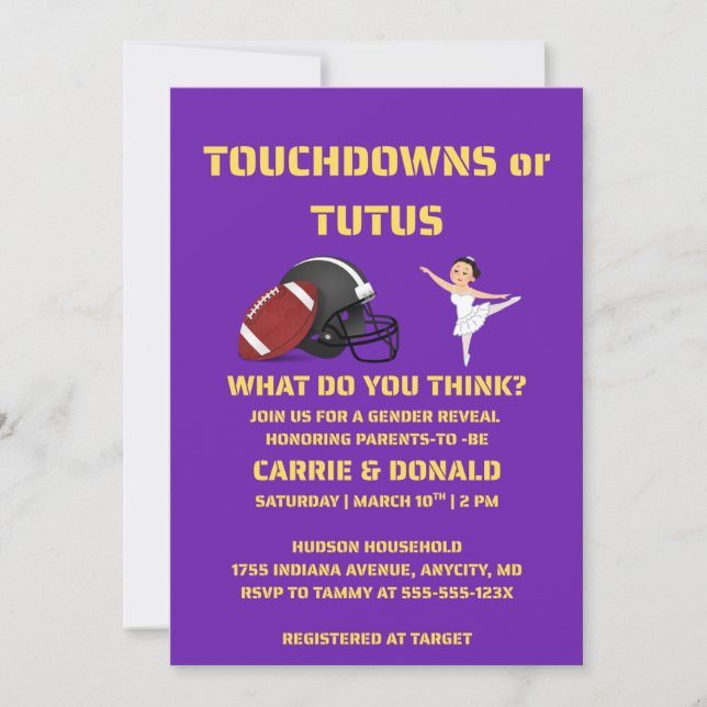 Touchdowns or Tutus gender reveal party Invitation (Front)