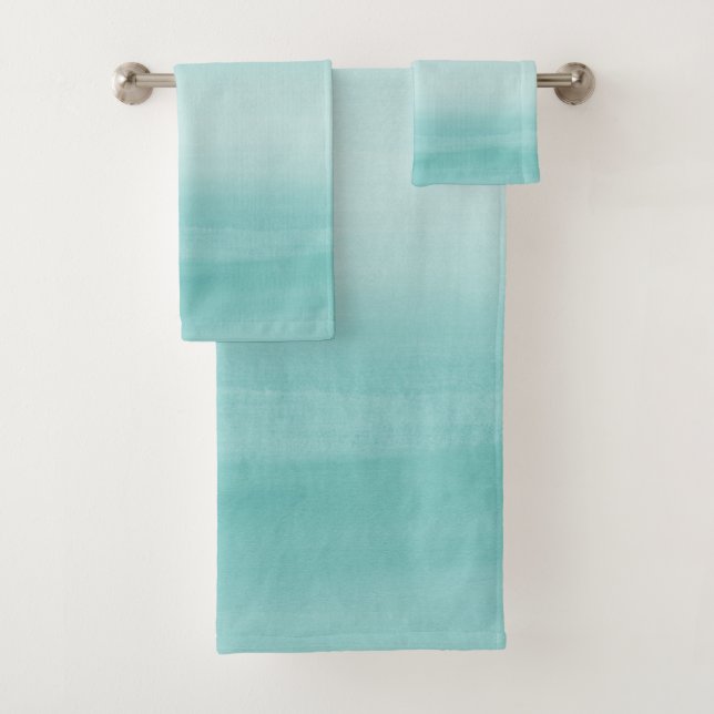 Touching Aqua Blue Watercolor Abstract #2 Bath Towel Set (Insitu)