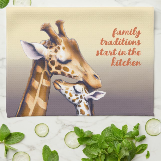 Touching Moment Between Mother Giraffe & Calf Tea Towel (Folded)
