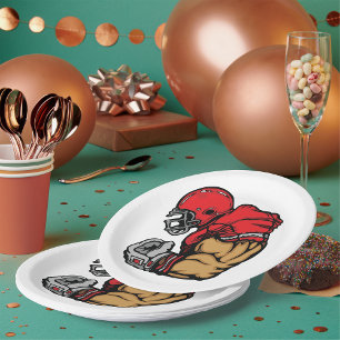 Tough Football Warrior Mascot Red Helmet Muscle  Paper Plate