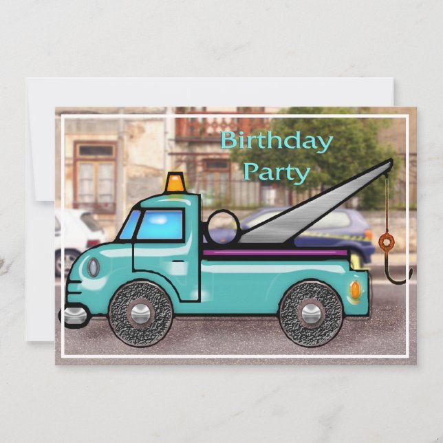 Tough Tow Truck in the Street Birthday Invitation (Front)