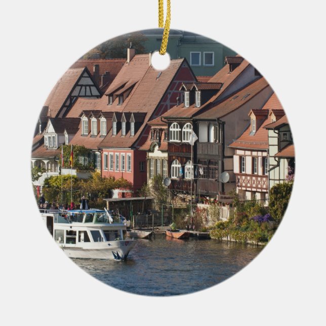 Tour boat in Little Venice and River Regnitz Ceramic Tree Decoration (Front)