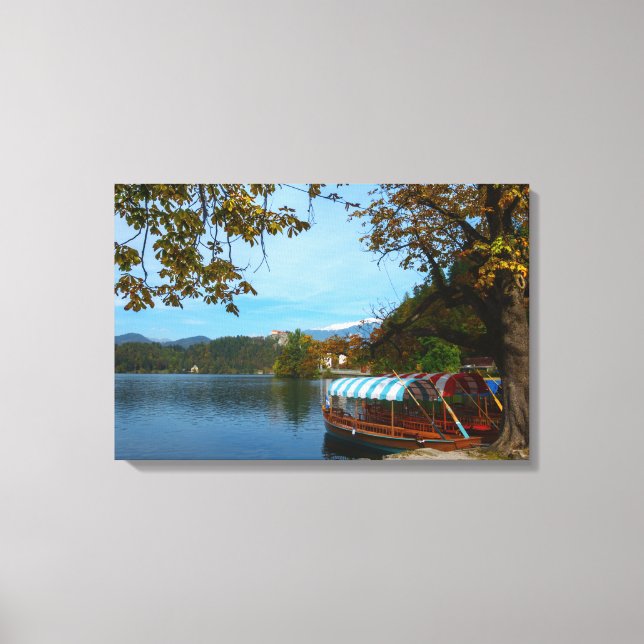 Tourist boats in Lake Bled in autumn Canvas Print (Front)