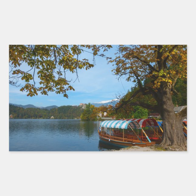 Tourist boats in Lake Bled in autumn Rectangular Sticker (Front)