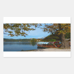 Tourist boats in Lake Bled in autumn Rectangular Sticker
