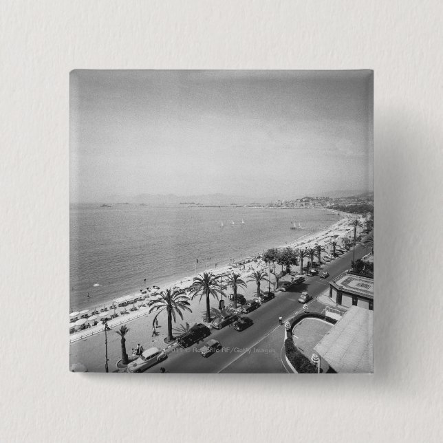 Tourist complex view at seashore B&W 15 Cm Square Badge (Front)