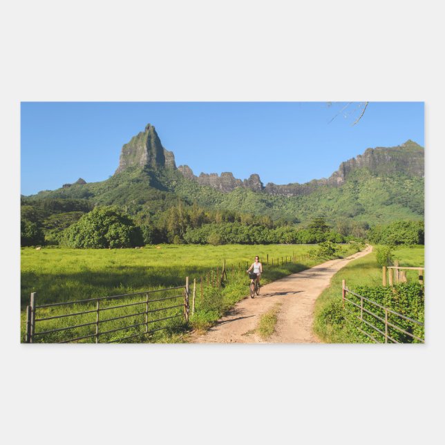 Tourist cycling on Moorea rectangle sticker (Front)