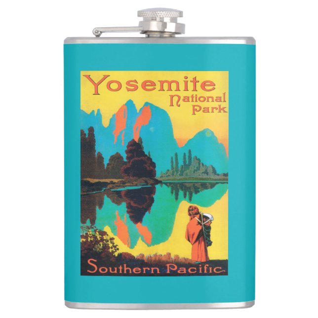 Tourist Poster - Yosemite Nat'l Park, CA Hip Flask (Front)