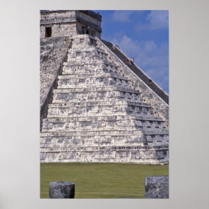 Tourists climbing stairs of El Castillo, stone Poster