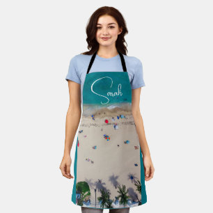 Tourists Sunbathing Photo with Ocean Monogram Name Apron