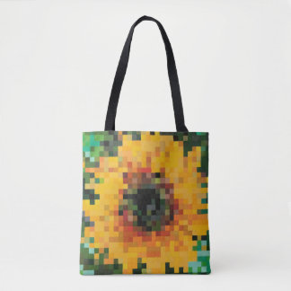 Tournesol pixelisé en jaune vif sur fond vert tote bag