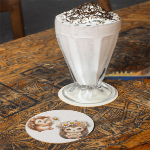 Tow cuteRomantic Floral Hedgehog Duo Illustration Glass Coaster