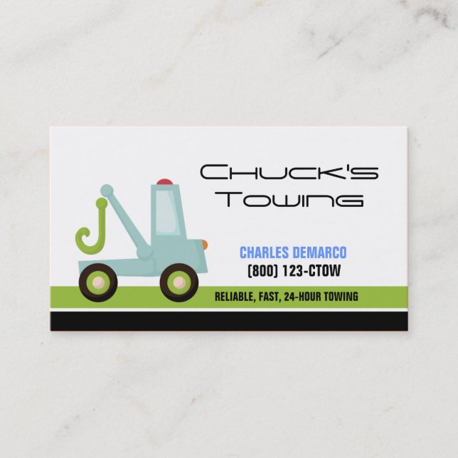 Tow Truck Automotive Business Card Template Green (Front)