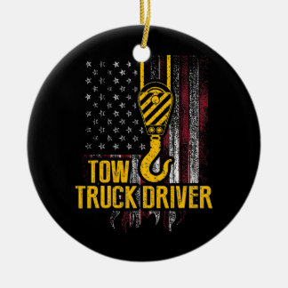 Tow Truck Driver USA Flag Funny Trucker Ceramic Tree Decoration