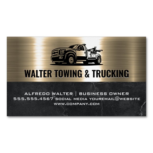 Tow Truck Logo | Metallic Gold Marble Magnetic Business Card (Front)