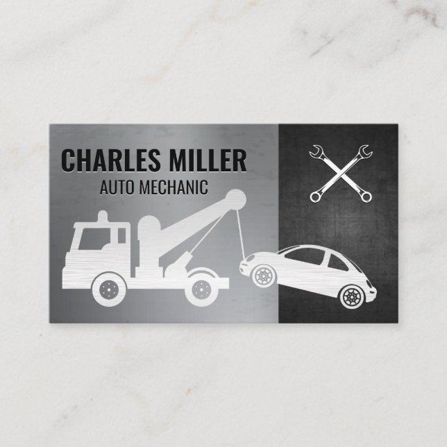 Tow Truck Pulling Car | Wrenches Business Card (Front)