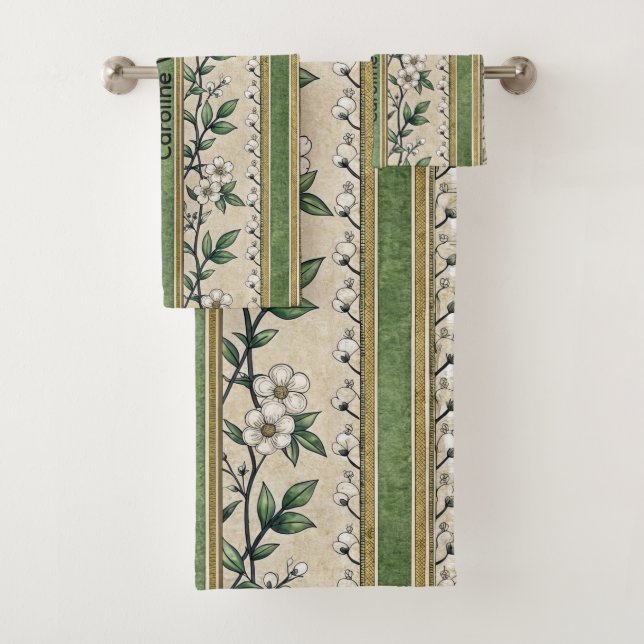 towel - green floral pattern - name can be changed (Insitu)