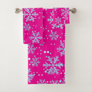 Towel Set, Bright Fuchsia Snowflakes