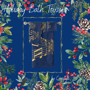 Towel Set Christmas Notes Royal Blue and Gold