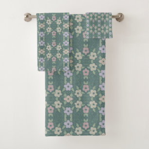 Towel Set In Faded Floral With Teal and Pink Rose