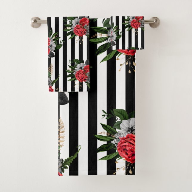 Towel Set Red Grey Floral Black Vert. Stripes (Insitu)