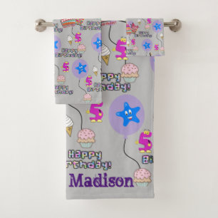 Towel Sets, #5 Happy 5th Birthday Grey