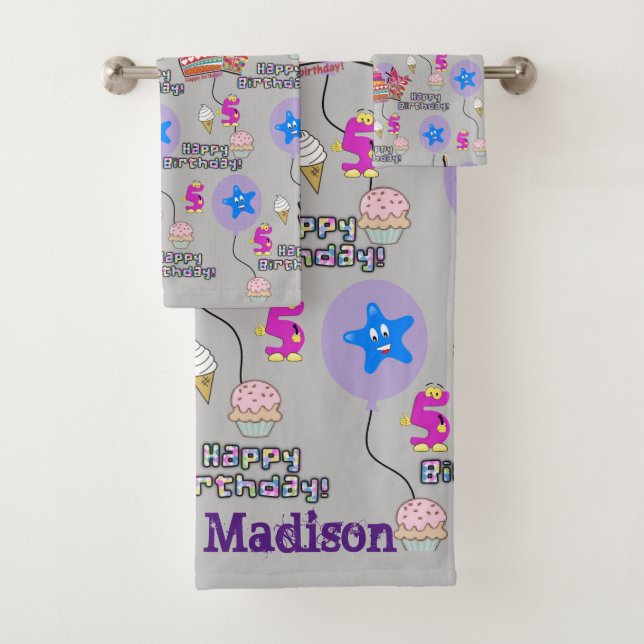 Towel Sets, #5 Happy 5th Birthday Grey (Insitu)