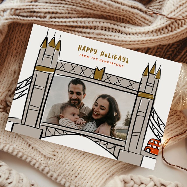 Tower Bridge London Double Decker Christmas Photo Holiday Card (Tower Bridge London Double Decker Bus Illustration Christmas Photo Holiday Card)