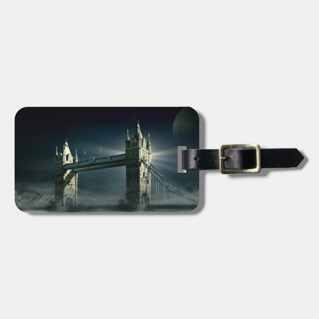 Tower Bridge London in Night Fog Luggage Tag (Front Horizontal)