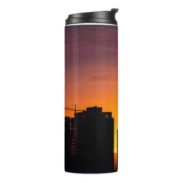 Tower cranes silhouetting beautiful sunset thermal tumbler (Rotated Left)