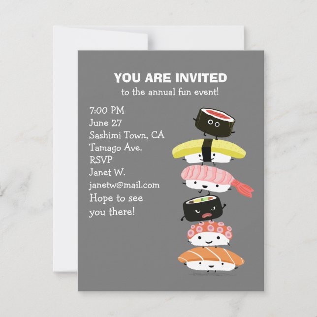 Tower of Sushi - A Stack of Fun Sushi Friends Cute Invitation (Front)