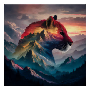 Towering Mountain Silhouette Puma Sunset Poster