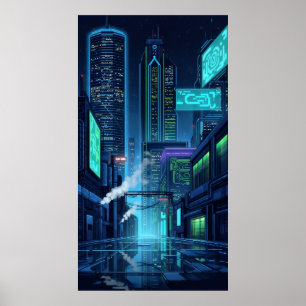 towering neon lights of the future pixel city  poster
