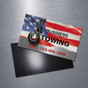 Towing Company Patriotic Metal Tow Truck Hook  Magnetic Business Card
