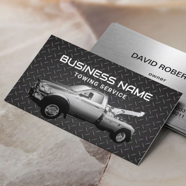 Towing Service Black Metal Tow Truck Professional  Business Card (Creator Uploaded)