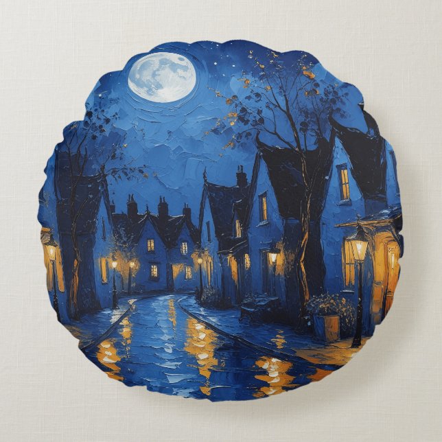 Town at night with lights and lanterns round cushion (Front)
