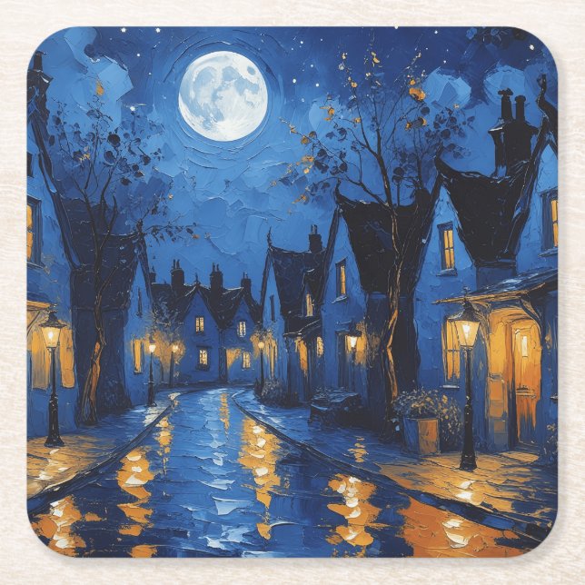 Town at night with lights and lanterns square paper coaster (Front)