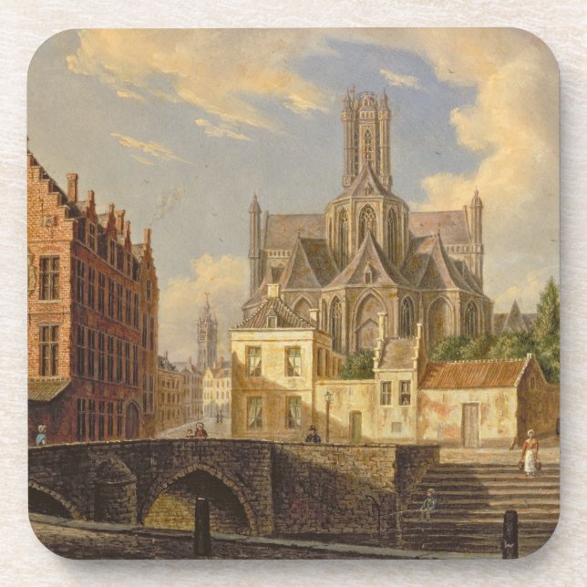 Town View with Figure fishing in a Canal Coaster (Front)
