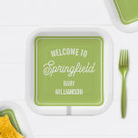 Town Welcome Sign Green Baby Shower Paper Plate<br><div class="desc">Illustration of a green welcome sign.  Personalise with the name of your town and baby's name.</div>