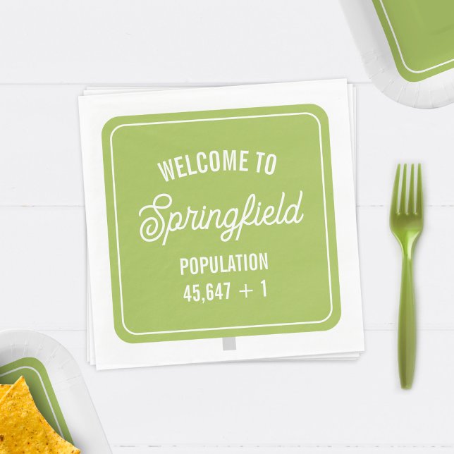 Town Welcome Sign Population Green Baby Shower Napkin (Creator Uploaded)