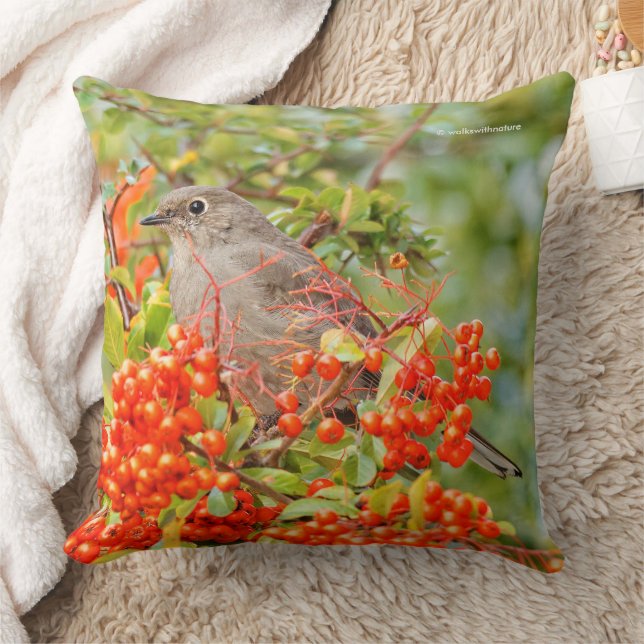 Townsend's Solitaire Songbird on Pyracantha Cushion (Blanket)