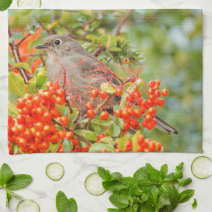 Townsend's Solitaire Songbird on the Pyracantha Tea Towel