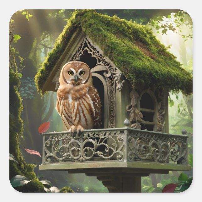 Towny owl and house square sticker (Front)