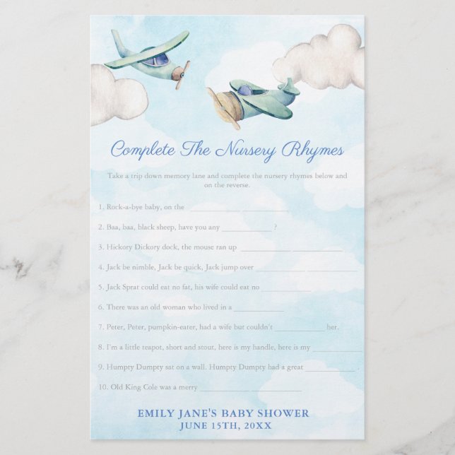 Toy Aeroplane Nursery Rhymes Baby Shower Game Card (Front)