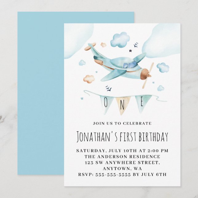 Toy Aeroplane Watercolor 1st Birthday Party Invitation (Front/Back)